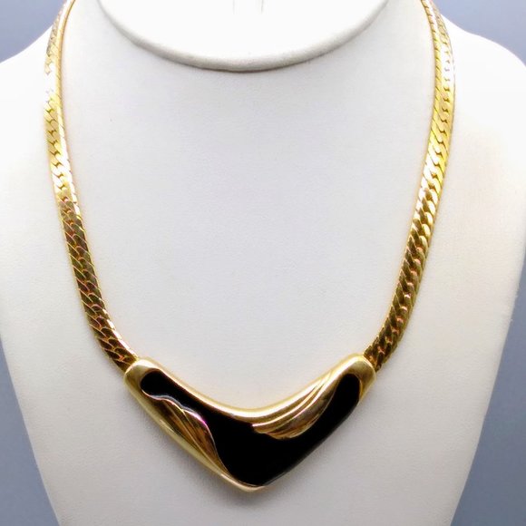 Chic Vintage Crescent Necklace, Gold Tone Herringbone Chain Choker with Black En - Picture 2 of 4